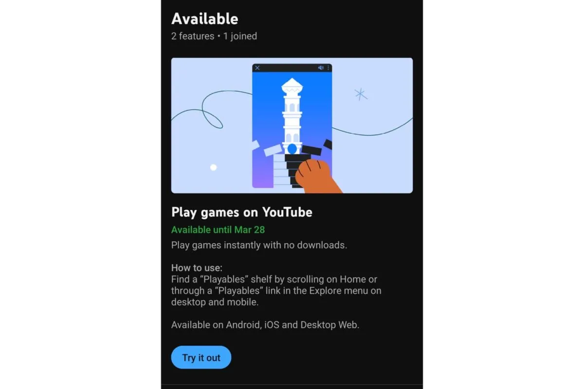 Tangkapan layar dari pengaturan YouTube Premium untuk mencoba fitur baru salah satunya "Playables" (ANTARA/Livia Kristianti)